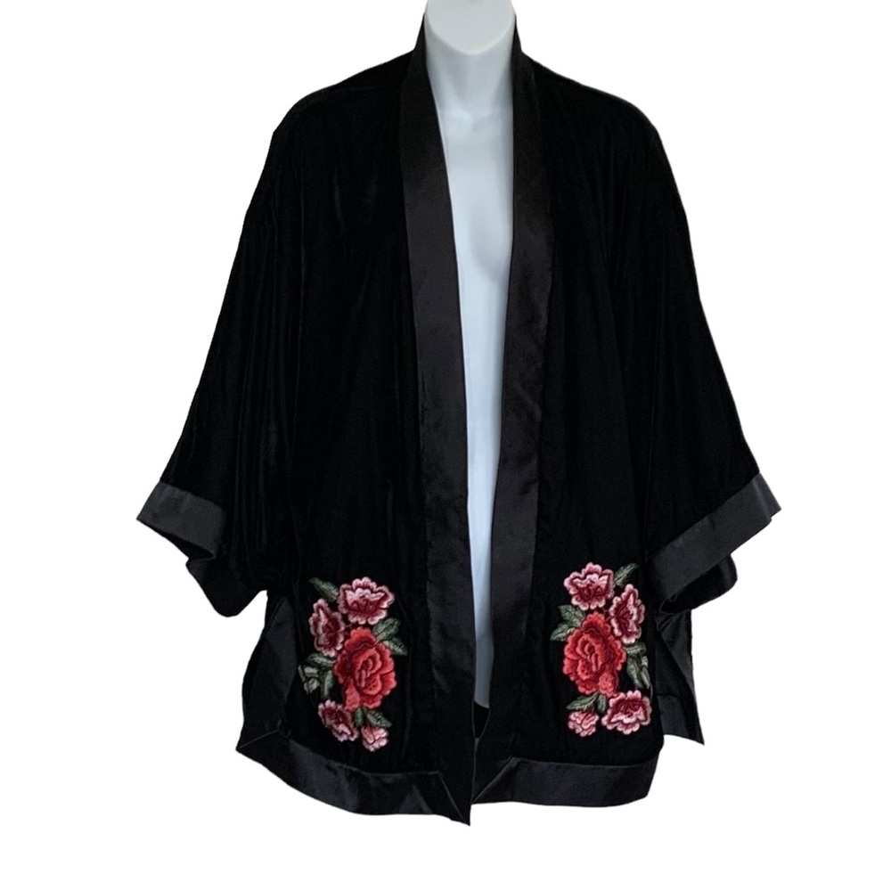 Max Studio Velour Embroidered Floral Kimono Sz L - Picture 2 of 10